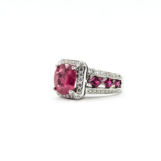 Ring Halo Kite Set .42ctw Round Diamonds 3.24ct Ruby .75ct Ruby 18kw 12mm Sz4 9.36g 225100131