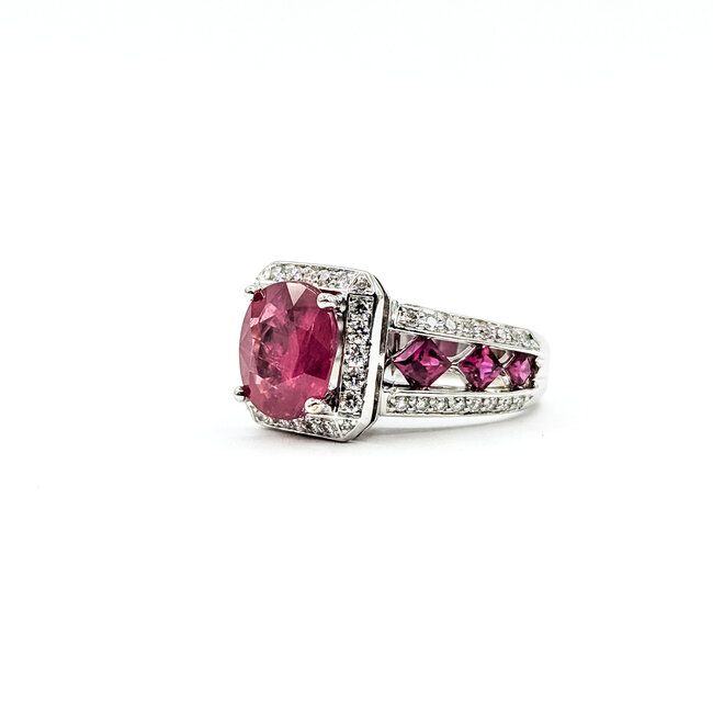 Ring Halo Kite Set .42ctw Round Diamonds 3.24ct Ruby .75ct Ruby 18kw 12mm Sz4 9.36g 225100131