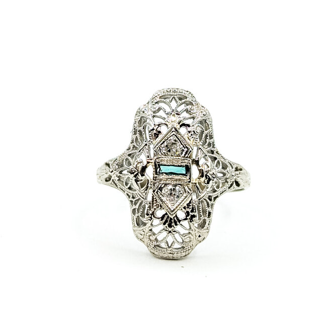 Ring Filigree Shield .04ctw Round Diamonds .10ct Emerald 18kw 18.5mm Sz5 2.41g 225100134