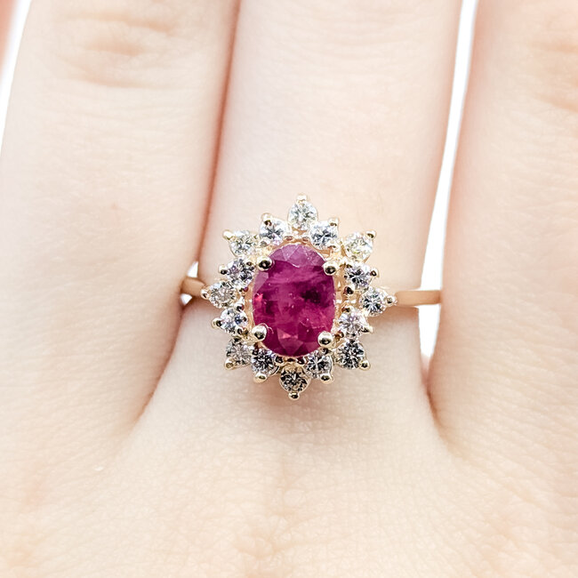 Ring Cocktail Double Halo .75ctw Round Diamonds 1.43ct Burma Ruby 14ky 15mm Sz8 4.19g 225100137