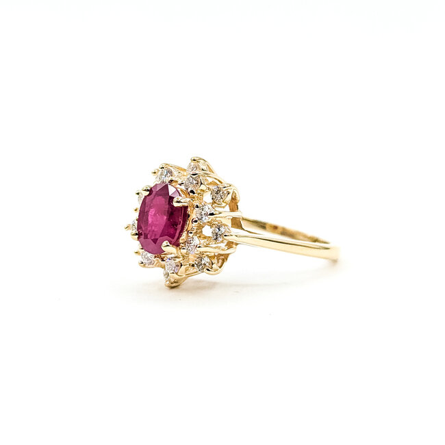 Ring Cocktail Double Halo .75ctw Round Diamonds 1.43ct Burma Ruby 14ky 15mm Sz8 4.19g 225100137