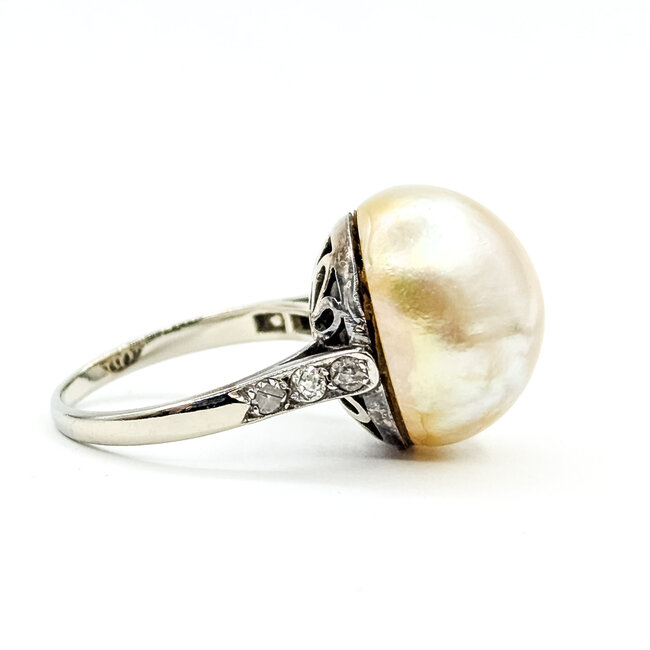 Ring Burnished 0.15ctw Round Diamonds 16mm White/Golden Pearl 14kw 2.5mm Sz5.5 6.9g 225100141