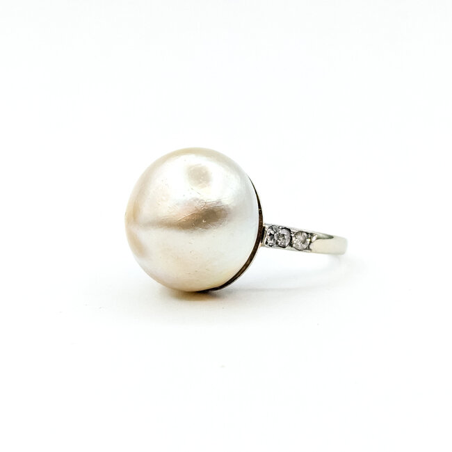 Ring Burnished 0.15ctw Round Diamonds 16mm White/Golden Pearl 14kw 2.5mm Sz5.5 6.9g 225100141
