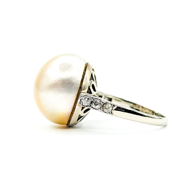 Ring Burnished 0.15ctw Round Diamonds 16mm White/Golden Pearl 14kw 2.5mm Sz5.5 6.9g 225100141