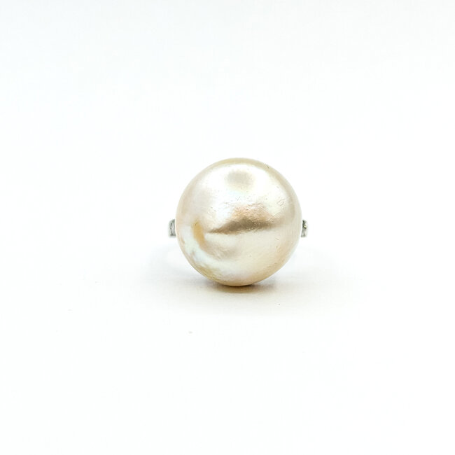 Ring Burnished 0.15ctw Round Diamonds 16mm White/Golden Pearl 14kw 2.5mm Sz5.5 6.9g 225100141