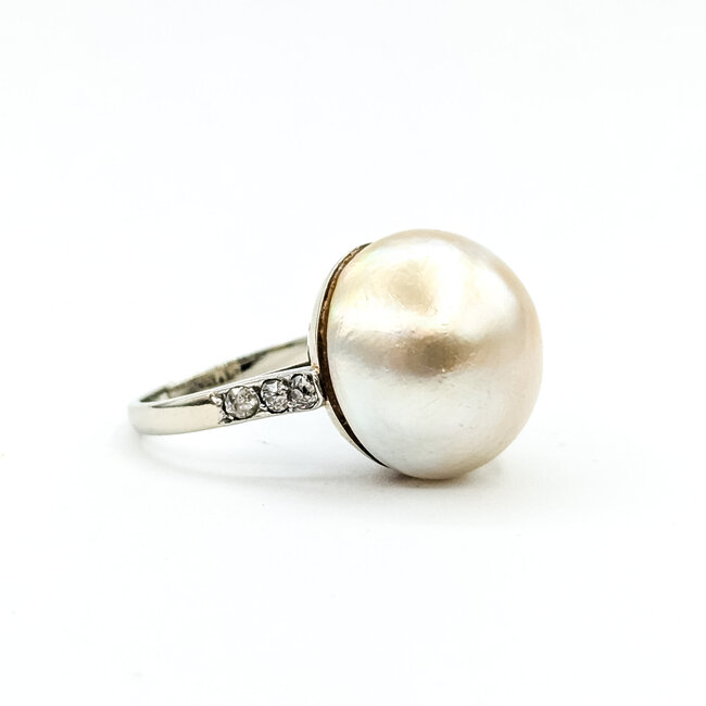 Ring Burnished 0.15ctw Round Diamonds 16mm White/Golden Pearl 14kw 2.5mm Sz5.5 6.9g 225100141