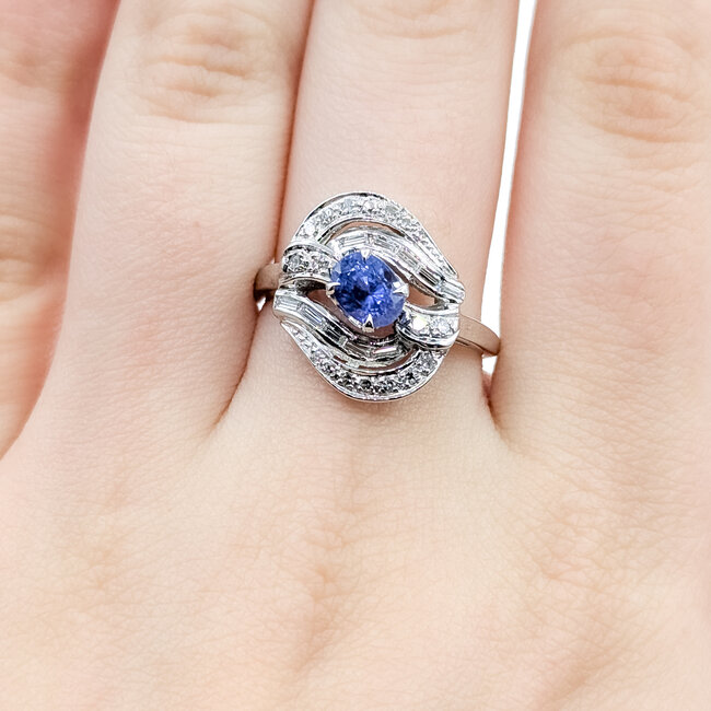 Ring Swirl .65ctw Round & Baguette Diamonds 1.31ct Blue Sapphire 14kw 17mm Sz8 5.03g 225100153
