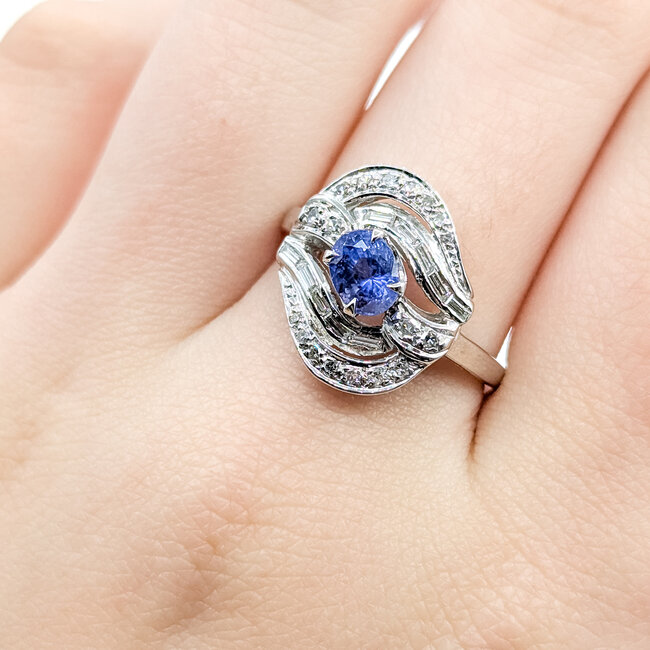 Ring Swirl .65ctw Round & Baguette Diamonds 1.31ct Blue Sapphire 14kw 17mm Sz8 5.03g 225100153