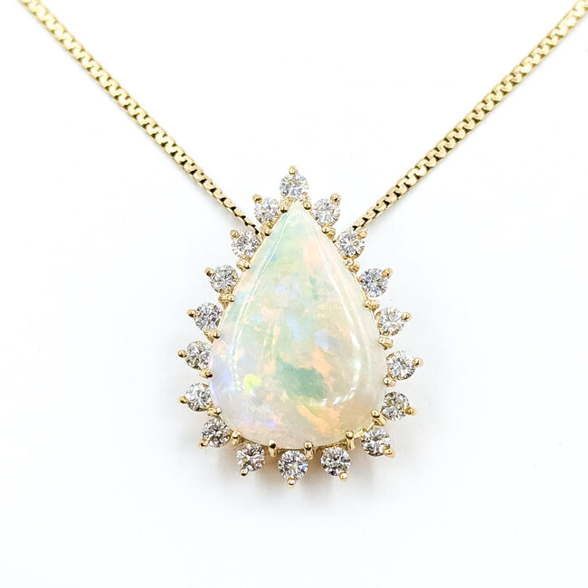 Pendant Halo Box Link 1.5ctw Round Diamonds 11.5ct Australian Opal 14ky 1.25x1" 20" 11.78g 225100161