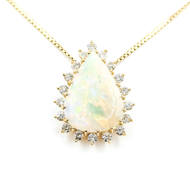 Pendant Halo Box Link 1.5ctw Round Diamonds 11.5ct Australian Opal 14ky 1.25x1" 20" 11.78g 225100161