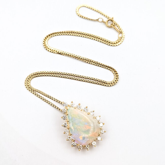 Pendant Halo Box Link 1.5ctw Round Diamonds 11.5ct Australian Opal 14ky 1.25x1" 20" 11.78g 225100161
