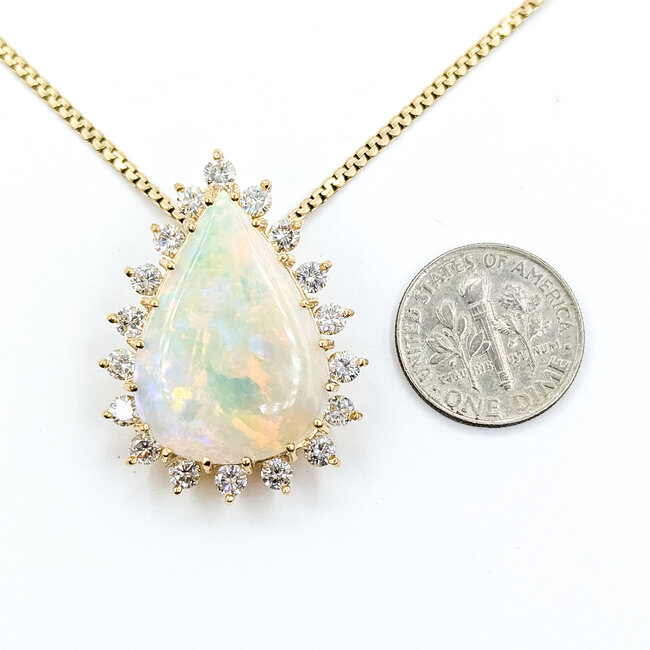 Pendant Halo Box Link 1.5ctw Round Diamonds 11.5ct Australian Opal 14ky 1.25x1" 20" 11.78g 225100161