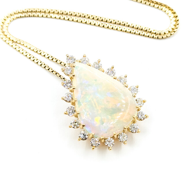 Pendant Halo Box Link 1.5ctw Round Diamonds 11.5ct Australian Opal 14ky 1.25x1" 20" 11.78g 225100161