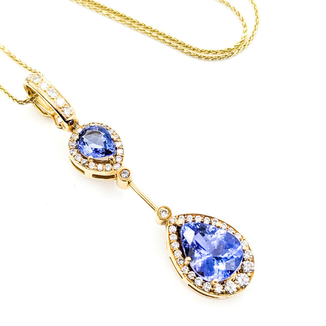 Pendant Drop Halo 0.7ctw Round Diamonds 4.75ct Purple Tanzanite 14ky 2.2x.55" 17.5" 8.21g 225100162