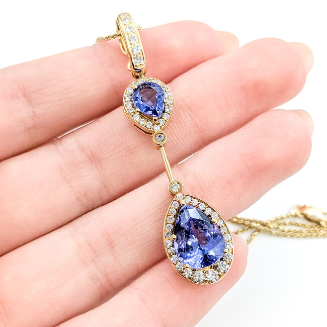 Pendant Drop Halo 0.7ctw Round Diamonds 4.75ct Purple Tanzanite 14ky 2.2x.55" 17.5" 8.21g 225100162
