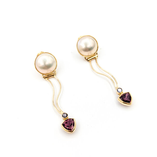 Earrings Drop Stud 12.5mm White Pearls 1.50ctw Rasberry Garnet 14ky 2.1x.5" 7.14g 225100164