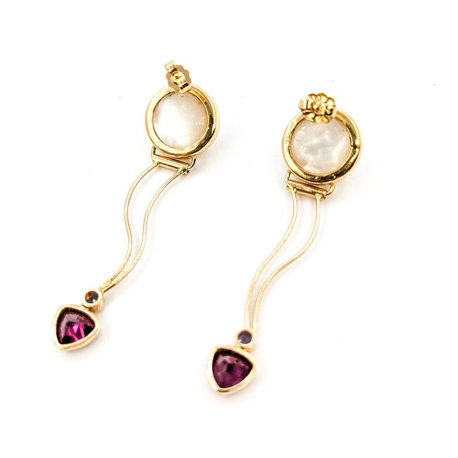 Earrings Drop Stud 12.5mm White Pearls 1.50ctw Rasberry Garnet 14ky 2.1x.5" 7.14g 225100164