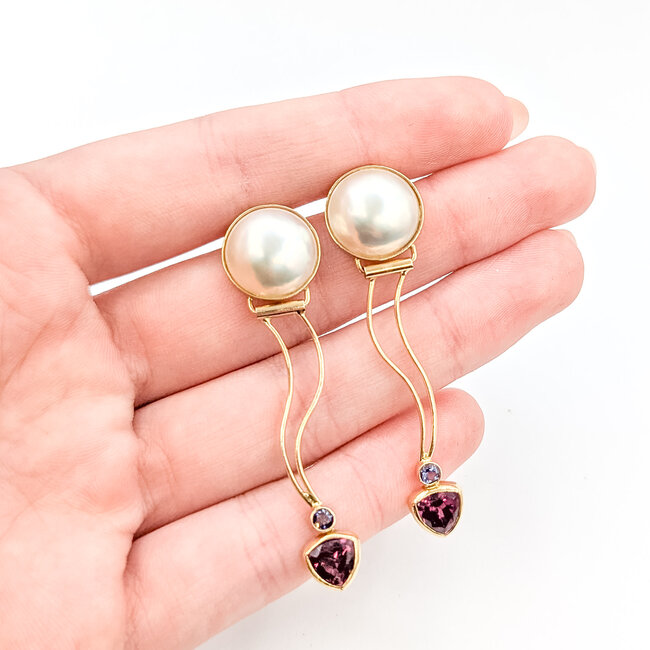 Earrings Drop Stud 12.5mm White Pearls 1.50ctw Rasberry Garnet 14ky 2.1x.5" 7.14g 225100164