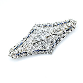 Brooch Shield 4.00ctw Mine Cut Diamonds .40ctw Blue Sapphire Platinum 2.8x1.4" 15.78g 225100169