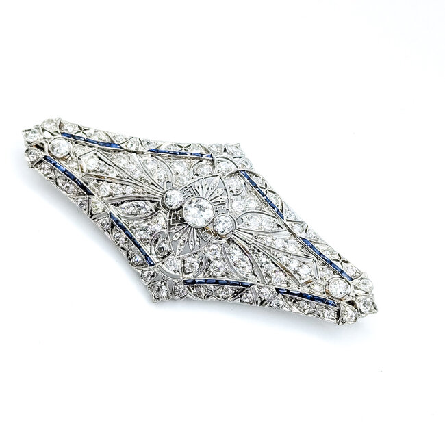 Brooch Shield 4.00ctw Mine Cut Diamonds .40ctw Blue Sapphire Platinum 2.8x1.4" 15.78g 225100169