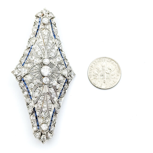 Brooch Shield 4.00ctw Mine Cut Diamonds .40ctw Blue Sapphire Platinum 2.8x1.4" 15.78g 225100169