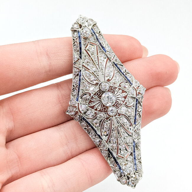 Brooch Shield 4.00ctw Mine Cut Diamonds .40ctw Blue Sapphire Platinum 2.8x1.4" 15.78g 225100169