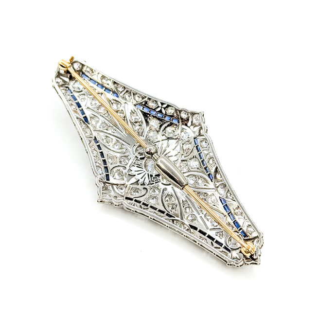 Brooch Shield 4.00ctw Mine Cut Diamonds .40ctw Blue Sapphire Platinum 2.8x1.4" 15.78g 225100169