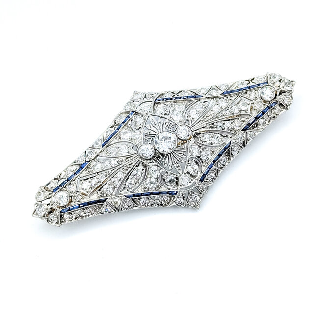 Brooch Shield 4.00ctw Mine Cut Diamonds .40ctw Blue Sapphire Platinum 2.8x1.4" 15.78g 225100169