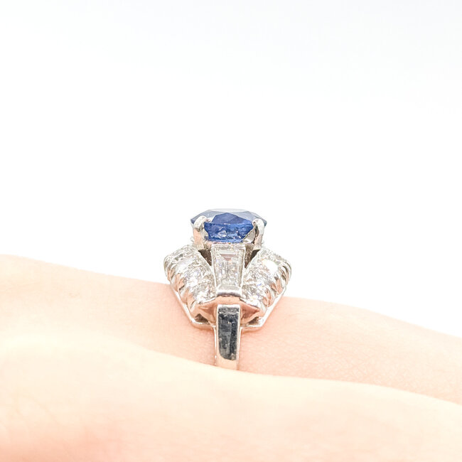 Ring Cocktail 1.00ctw Round & Baguette Diamonds 2.53ct Blue Sapphire Platinum 12.5mm Sz8 7.7g 225100173
