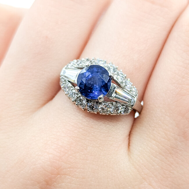 Ring Cocktail 1.00ctw Round & Baguette Diamonds 2.53ct Blue Sapphire Platinum 12.5mm Sz8 7.7g 225100173