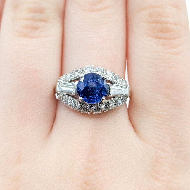 Ring Cocktail 1.00ctw Round & Baguette Diamonds 2.53ct Blue Sapphire Platinum 12.5mm Sz8 7.7g 225100173