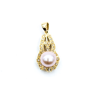 Pendant Drop .12ctw Round Diamonds 8mm Pink Pearl 14ky 1x.5" 3.02g 225110053