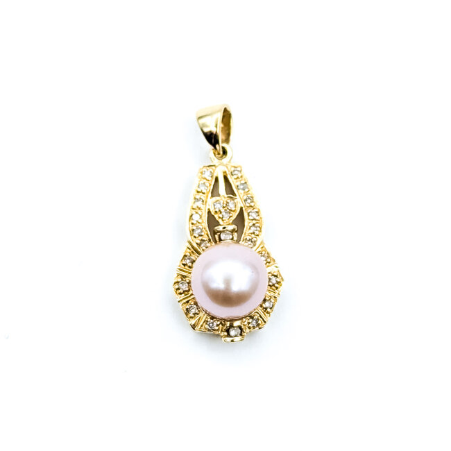 Pendant Drop .12ctw Round Diamonds 8mm Pink Pearl 14ky 1x.5" 3.02g 225110053