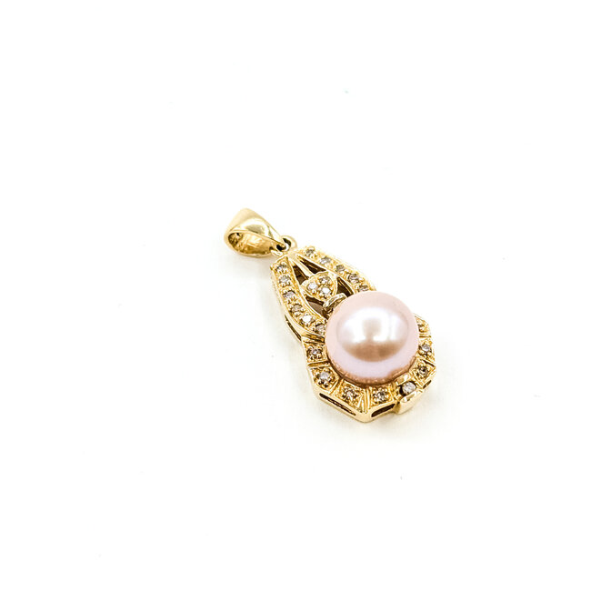 Pendant Drop .12ctw Round Diamonds 8mm Pink Pearl 14ky 1x.5" 3.02g 225110053