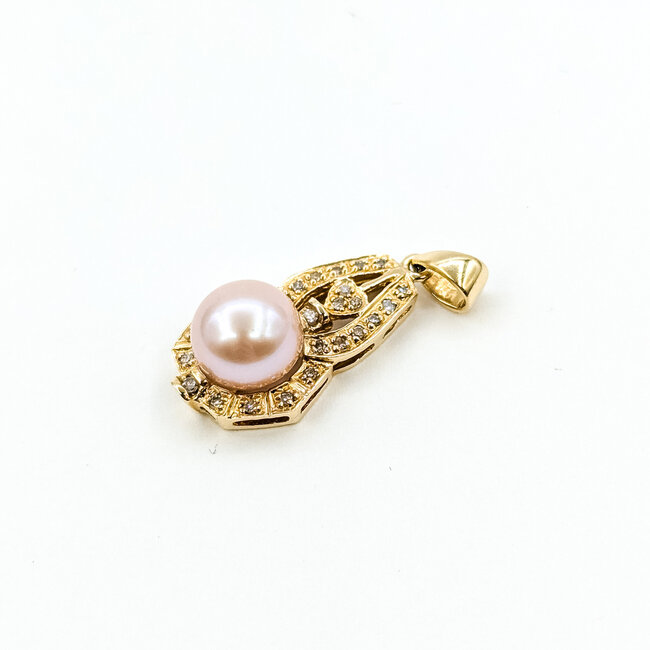 Pendant Drop .12ctw Round Diamonds 8mm Pink Pearl 14ky 1x.5" 3.02g 225110053