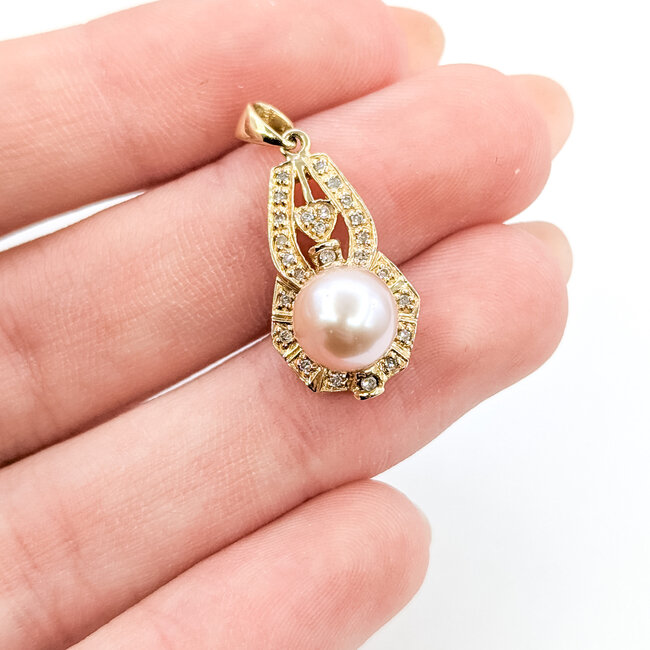 Pendant Drop .12ctw Round Diamonds 8mm Pink Pearl 14ky 1x.5" 3.02g 225110053