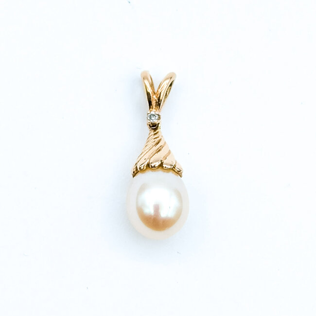 Pendant Drop .02ct Round Diamond 9mm Off White Pearl 14kr 1" 3.2g 225110054