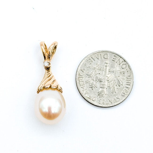 Pendant Drop .02ct Round Diamond 9mm Off White Pearl 14kr 1" 3.2g 225110054