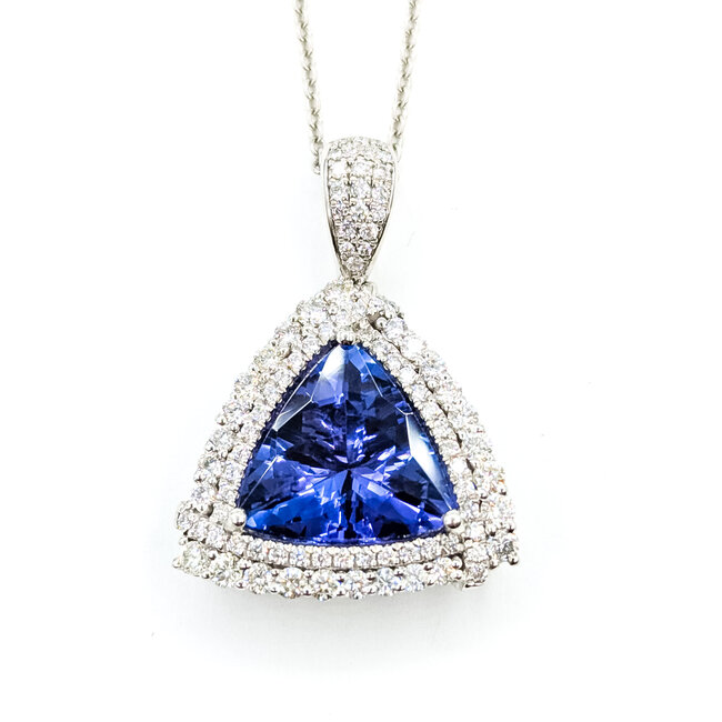 Necklace Double Halo Drop 1.15ctw Round Diamonds 6.30ctw Violet Tanzanite GIA Plat 1.15x.9" 18" 14.5g 225110112