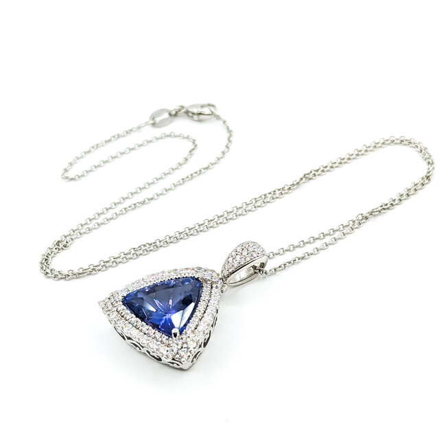 Necklace Double Halo Drop 1.15ctw Round Diamonds 6.30ctw Violet Tanzanite GIA Plat 1.15x.9" 18" 14.5g 225110112