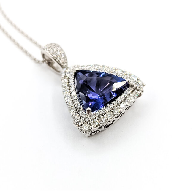 Necklace Double Halo Drop 1.15ctw Round Diamonds 6.30ctw Violet Tanzanite GIA Plat 1.15x.9" 18" 14.5g 225110112