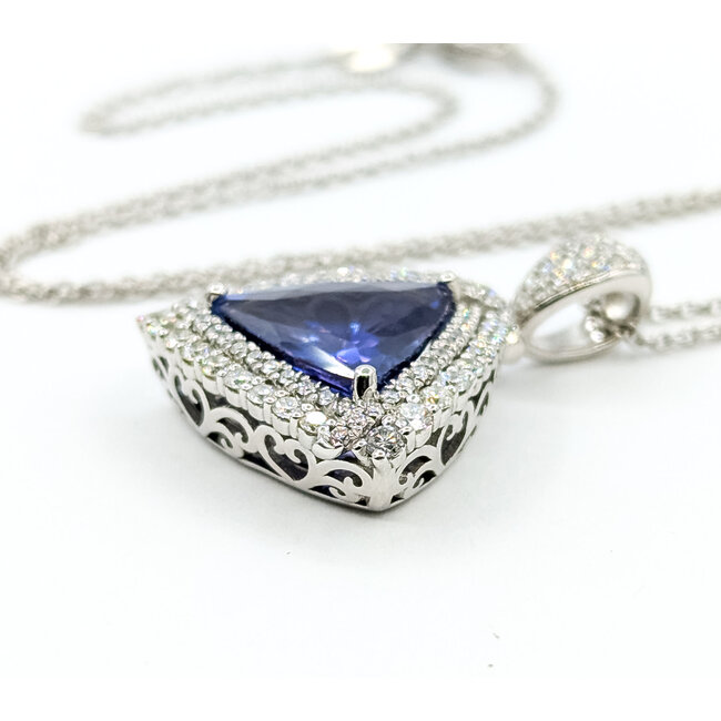 Necklace Double Halo Drop 1.15ctw Round Diamonds 6.30ctw Violet Tanzanite GIA Plat 1.15x.9" 18" 14.5g 225110112