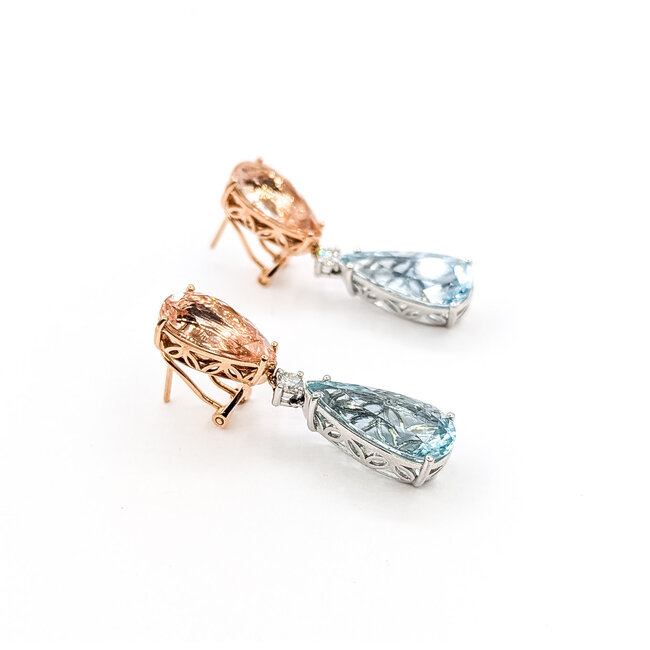 Earrings Omega Back Drop .30ctw Round Diamonds 9.35ctw Morganite 11.07ctw Aquamarine 14kr & Plat 1.6x.4" 15.7g 225110108