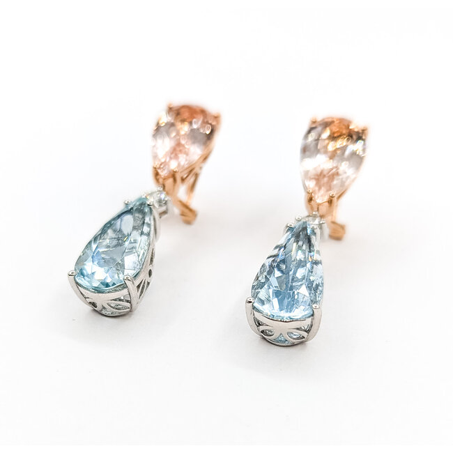 Earrings Omega Back Drop .30ctw Round Diamonds 9.35ctw Morganite 11.07ctw Aquamarine 14kr & Plat 1.6x.4" 15.7g 225110108