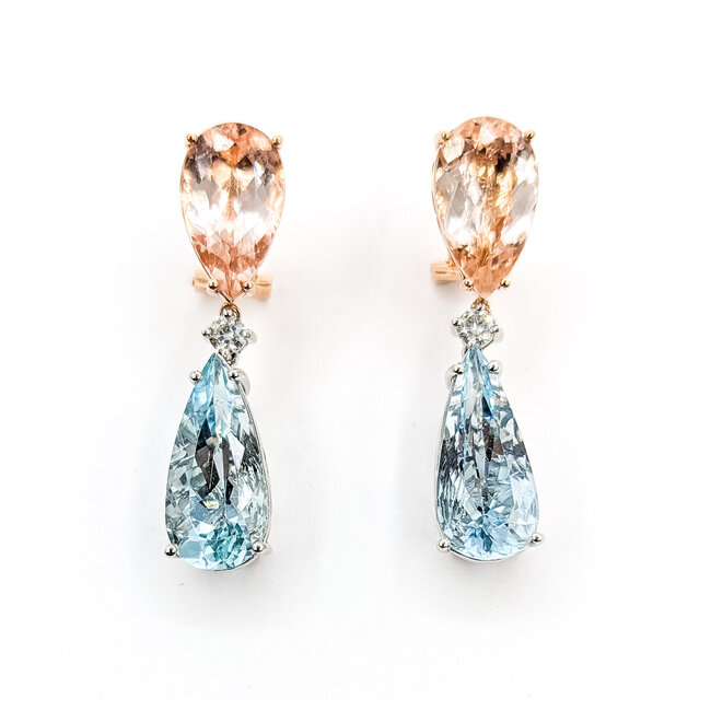 Earrings Omega Back Drop .30ctw Round Diamonds 9.35ctw Morganite 11.07ctw Aquamarine 14kr & Plat 1.6x.4" 15.7g 225110108