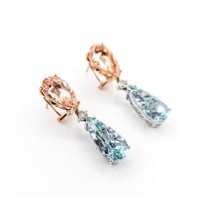 Earrings Omega Back Drop .30ctw Round Diamonds 9.35ctw Morganite 11.07ctw Aquamarine 14kr & Plat 1.6x.4" 15.7g 225110108