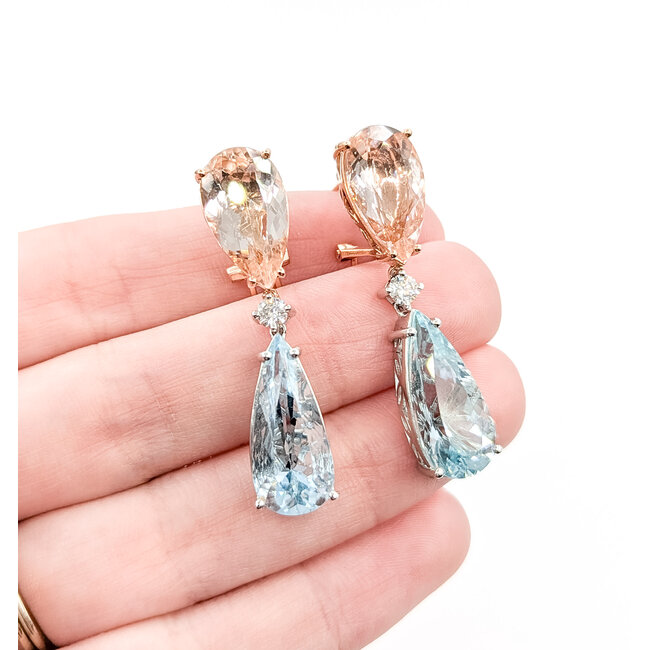 Earrings Omega Back Drop .30ctw Round Diamonds 9.35ctw Morganite 11.07ctw Aquamarine 14kr & Plat 1.6x.4" 15.7g 225110108