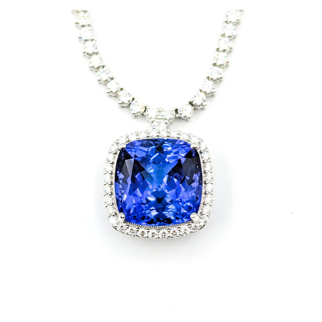 Necklace Tennis Necklace Drop 10.17ctw Round Diamonds 19.81ctw Blue Tanzanite GIA Plat .7x.7" 17" 35.7g 225110116