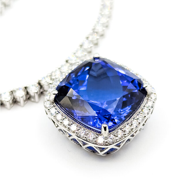 Necklace Tennis Necklace Drop 10.17ctw Round Diamonds 19.81ctw Blue Tanzanite GIA Plat .7x.7" 17" 35.7g 225110116
