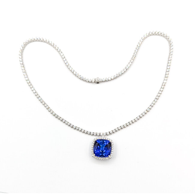 Necklace Tennis Necklace Drop 10.17ctw Round Diamonds 19.81ctw Blue Tanzanite GIA Plat .7x.7" 17" 35.7g 225110116